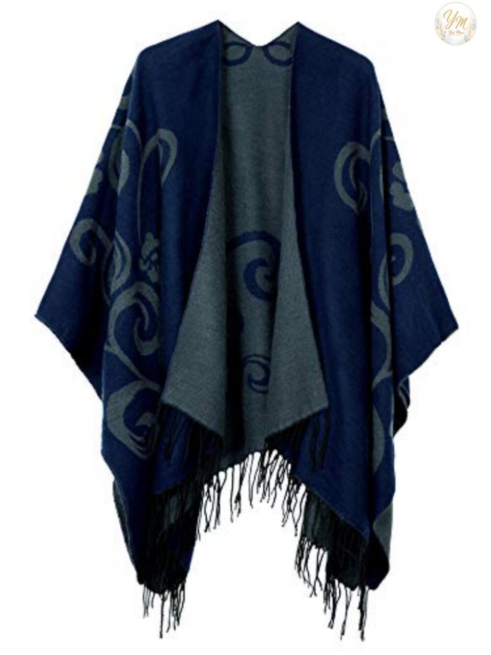 Open Front Poncho Shawl Wrap with Tassel - Polyester Acrylic, Reversible